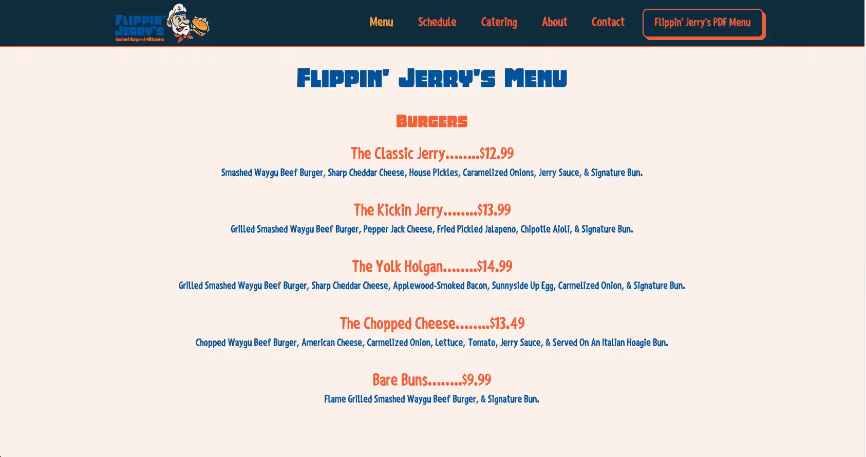 Flippin Jerrys Menu Page Example